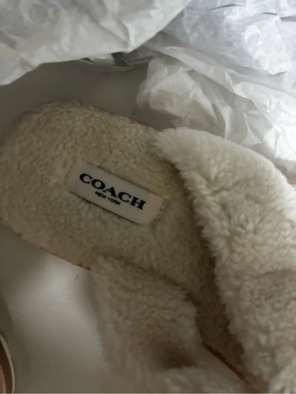Coach Cream Shearling Thong Sandals with Gold Hardware